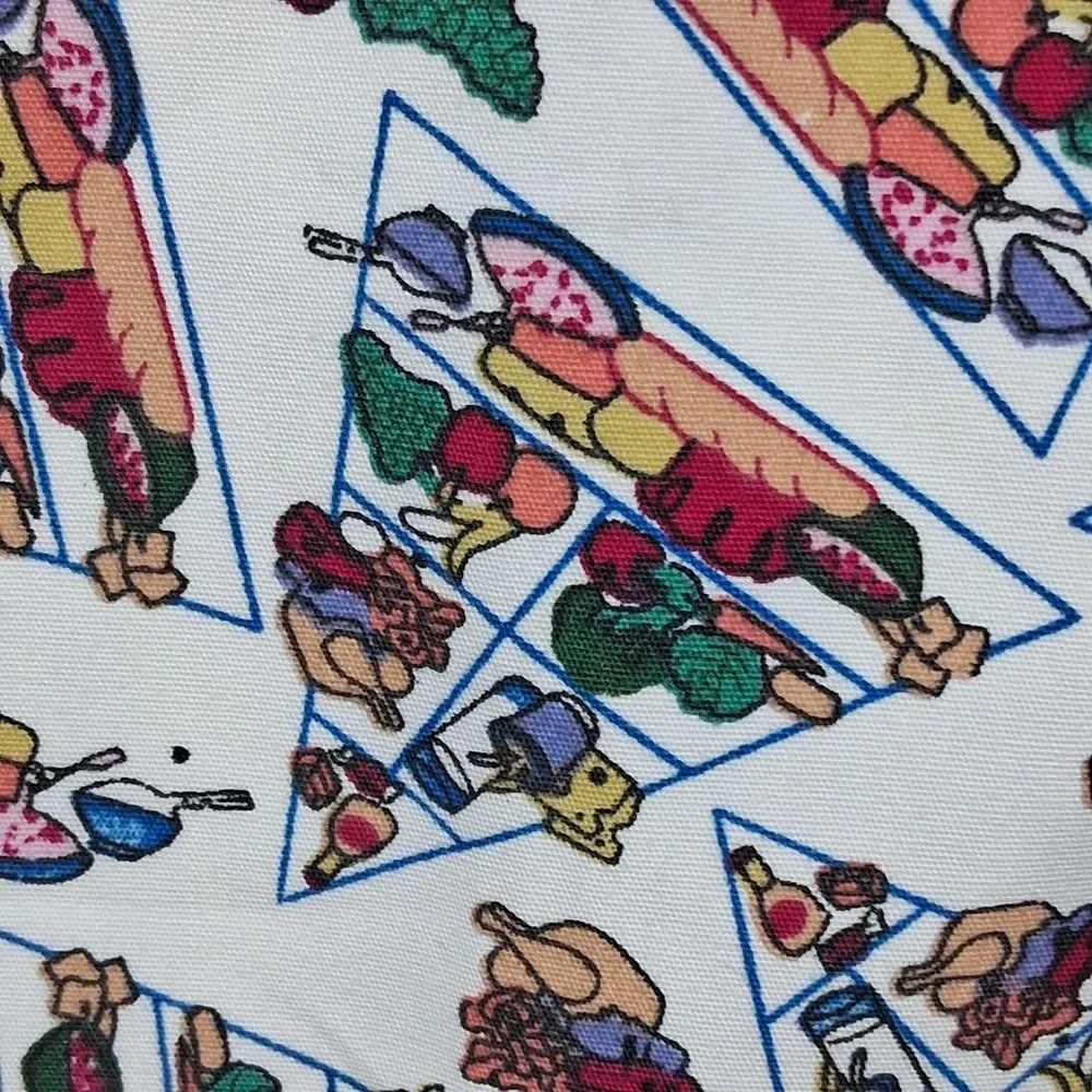 Vintage Food Pyramid Print Tabard Apron Yellow Gingham‎ Trim Smock Pockets Multi